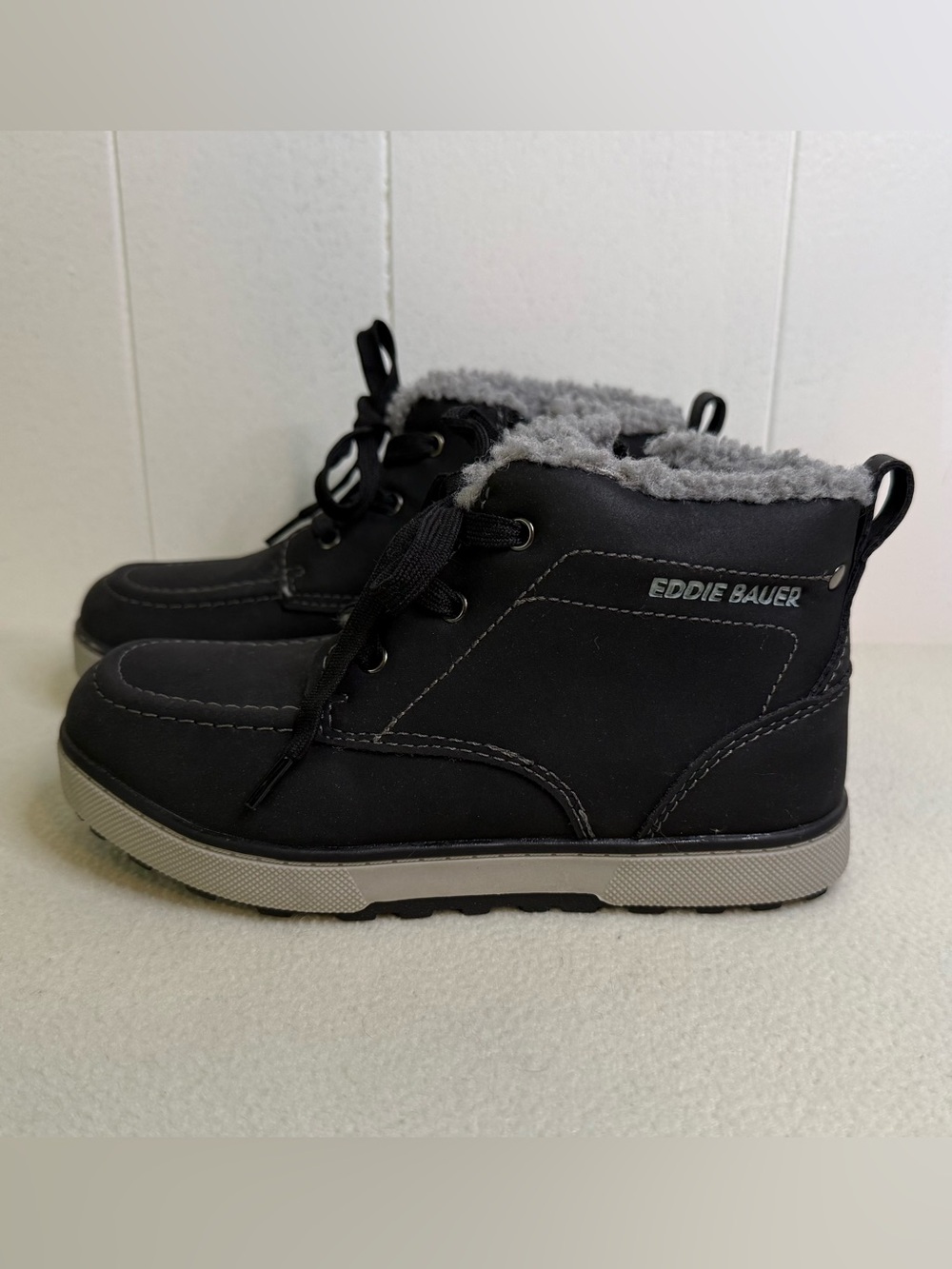 Eddie Bauer Kids' Maddox Black Winter Lace-Up Side Zip Boots with Gray Faux Fur